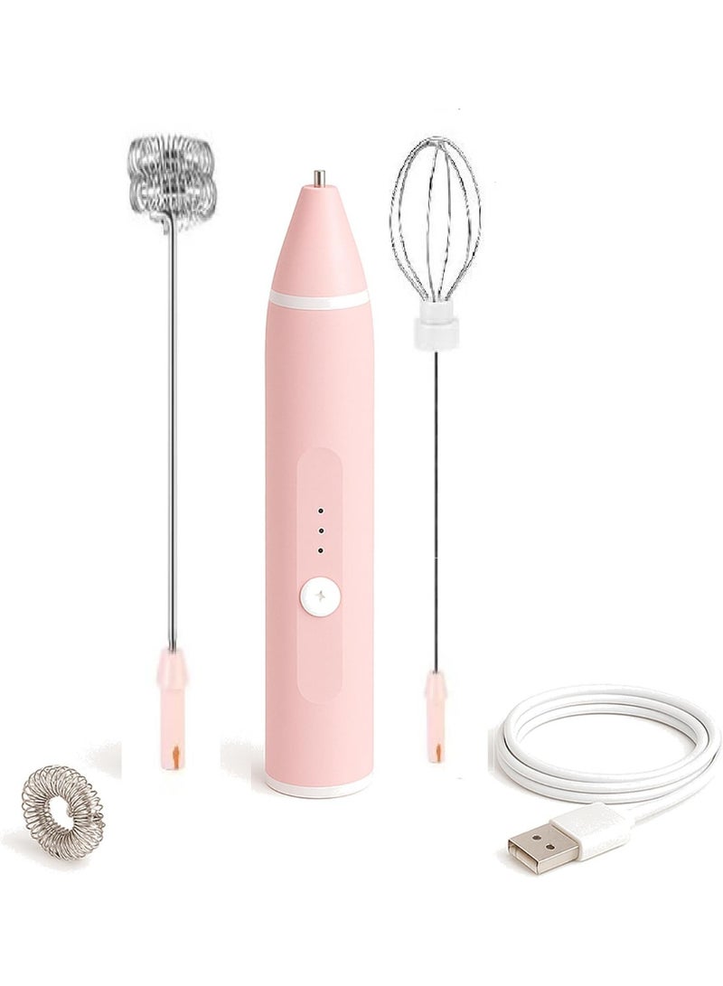 Portable handheld rechargeable milk frother with USB port, two stainless steel whisks, and three adjustable speeds for cappuccinos, hot chocolate, milkshakes, and egg mixtures (Pink) - Image 1